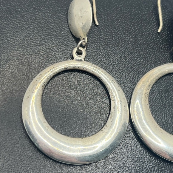 Modernist sterling silver disc hoop dangle earrings vintage - Picture 7 of 16
